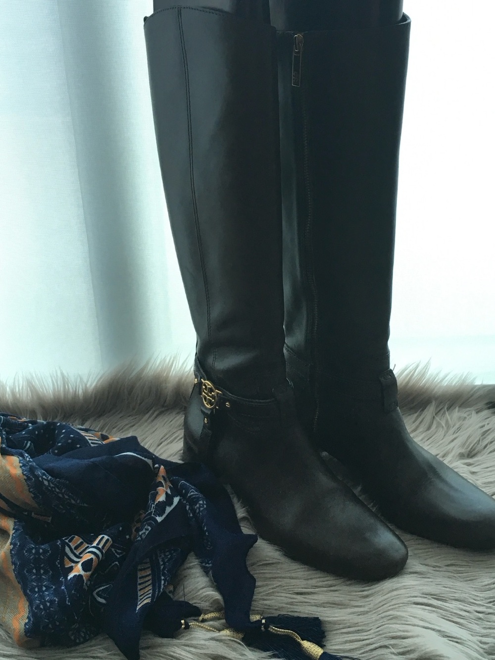 Tory Burch Black Leather Knee-High Riding Boots Gold Logo Strap - Size 9.5